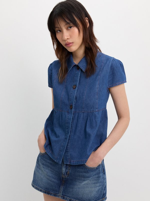 Pomelo Pomelo Denim Ruffle Top - Indigo