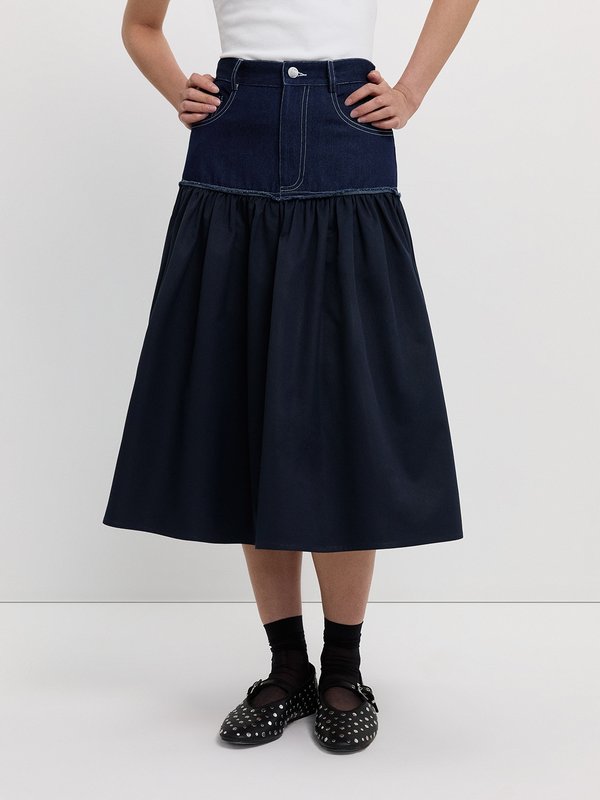 Pomelo Pomelo Denim Tiered Skirt - Dark Blue