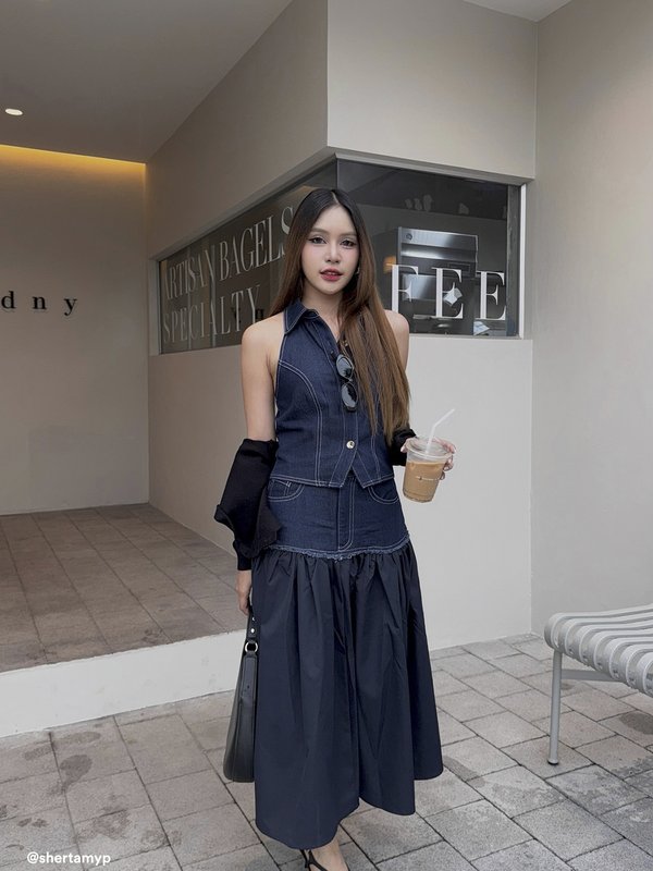 pomelo Pomelo Denim Tiered Skirt - Dark Blue