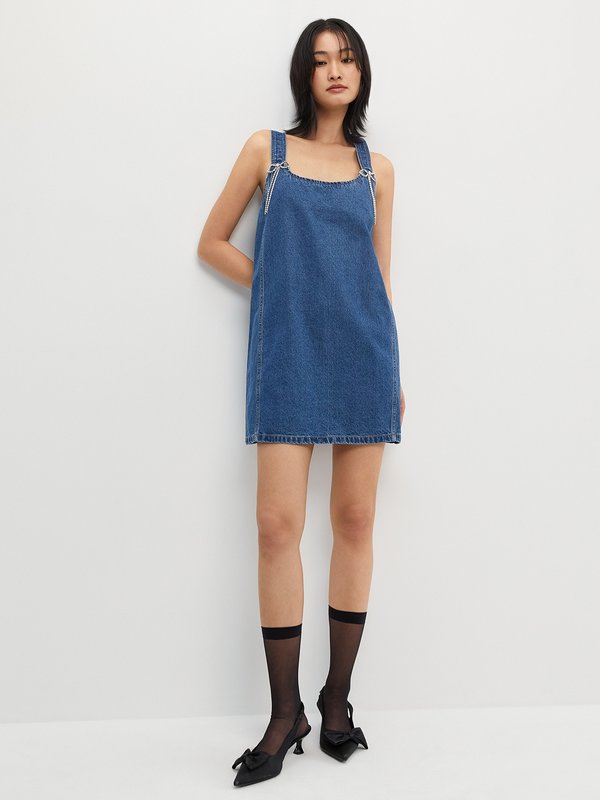 Pomelo Pomelo Diamante Bow Denim Dress - Blue