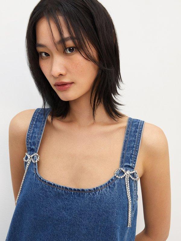 Pomelo Pomelo Diamante Bow Denim Dress - Blue