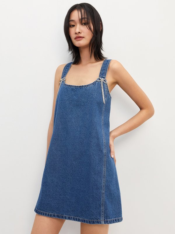 pomelo Pomelo Diamante Bow Denim Dress - Blue