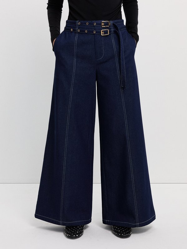 Pomelo Pomelo Double Belted Jeans - Dark Blue