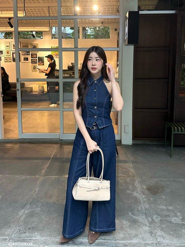 pomelo Pomelo Double Belted Jeans - Dark Blue