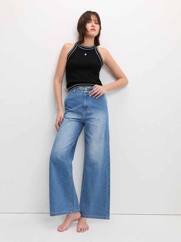 Pomelo Pomelo Double Button Wide Leg Jeans - Blue