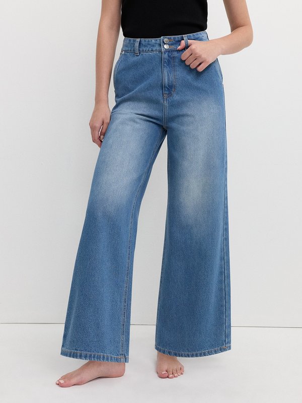 pomelo Pomelo Double Button Wide Leg Jeans - Blue