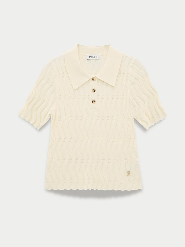 pomelo Pomelo Embossed Wave-Knit Polo Top - Ivory