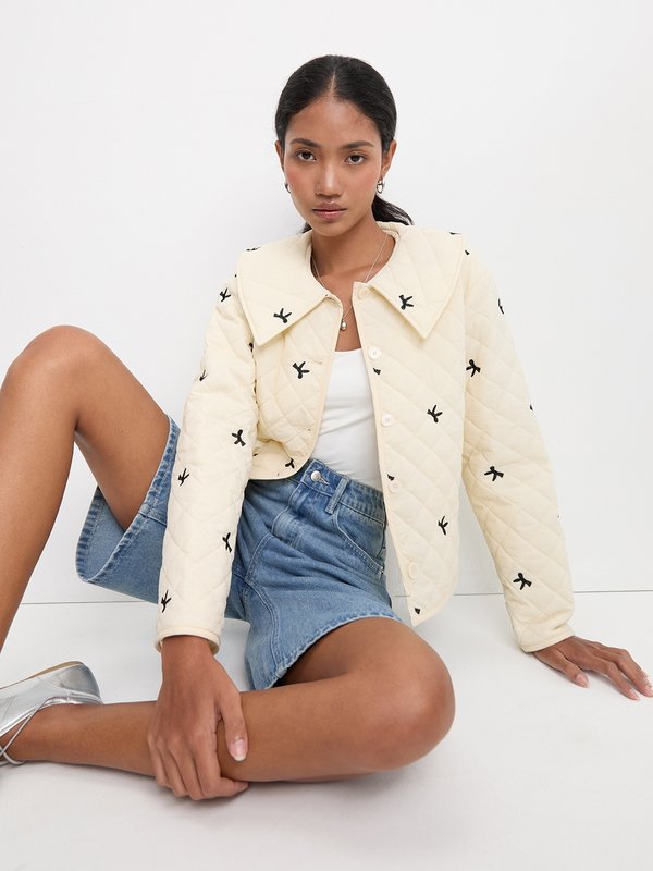 Pomelo Pomelo Embroided Quilted Crop Jacket - Ivory