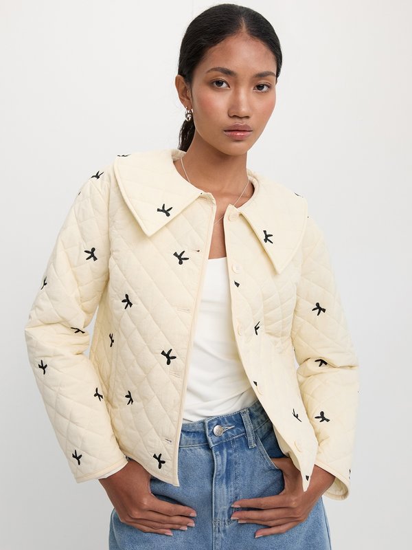 pomelo Pomelo Embroided Quilted Crop Jacket - Ivory