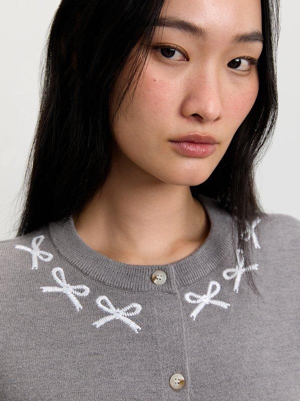 Pomelo Pomelo Embroidered Bow Cardigan - Light Grey