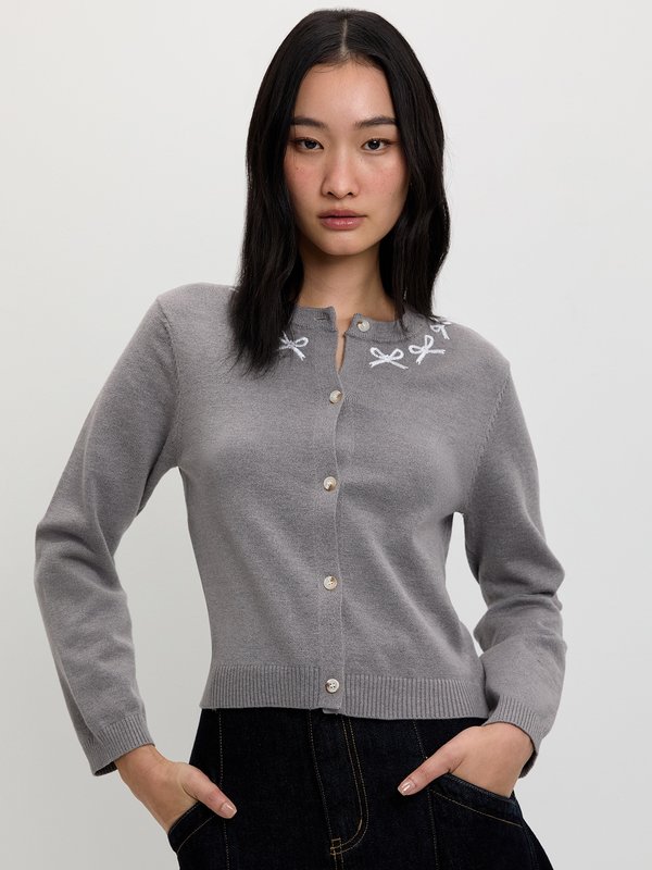 pomelo Pomelo Embroidered Bow Cardigan - Light Grey