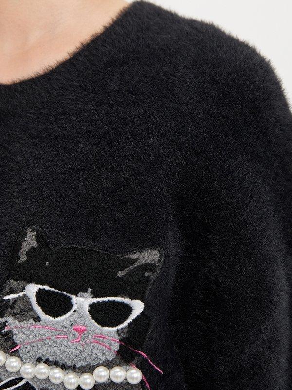 Pomelo Pomelo Embroidered Cat Sweater - Black