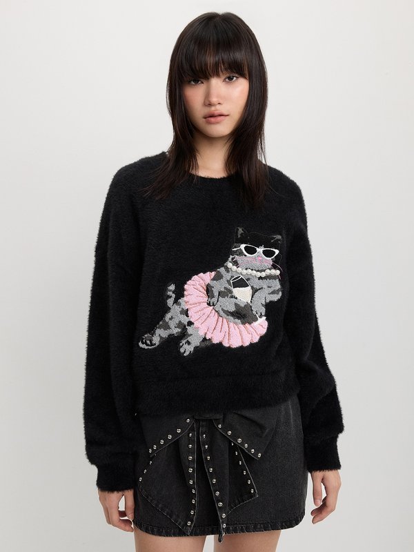 pomelo Pomelo Embroidered Cat Sweater - Black