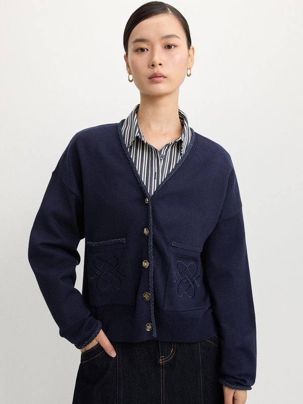 pomelo Pomelo Embroidered Knit Cardigan - Navy