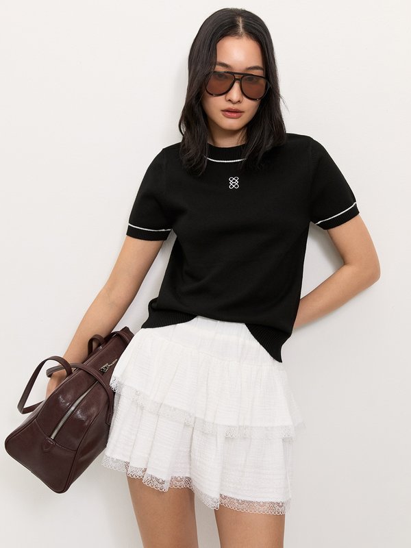Pomelo Pomelo Embroidered Knit Top - Black