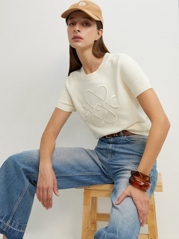 pomelo Pomelo Embroidered Knit Top - Cream
