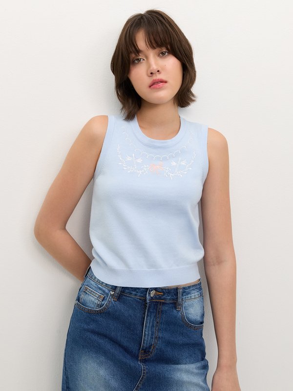 pomelo Pomelo Embroidered Knit Top - Light Blue