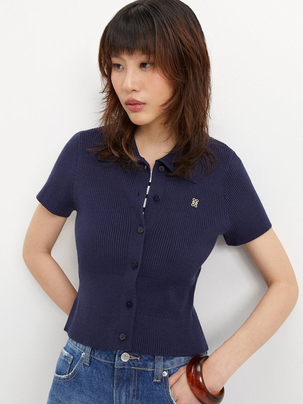 Pomelo Pomelo Embroidered Logo Knit Polo Top - Navy