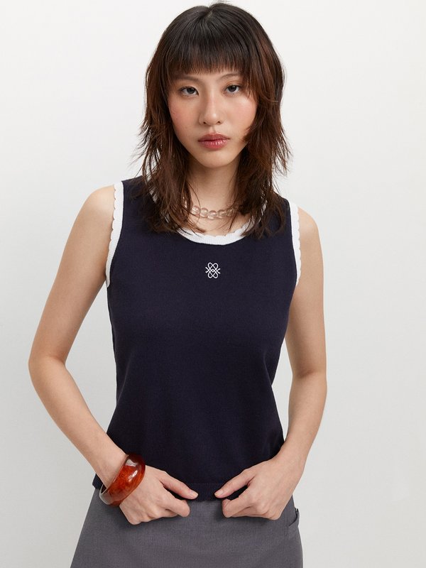 pomelo Pomelo Embroidered Logo Knit Top - Navy