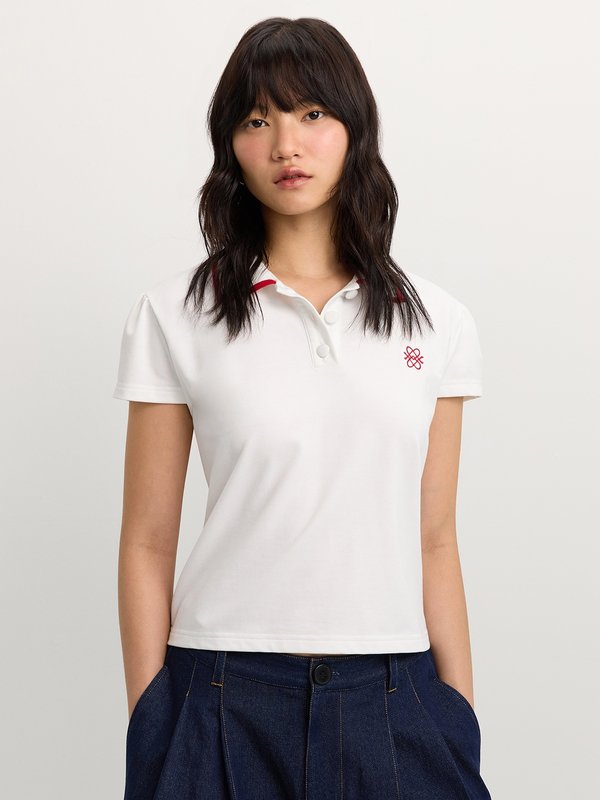 pomelo Pomelo Embroidered Polo Top - White
