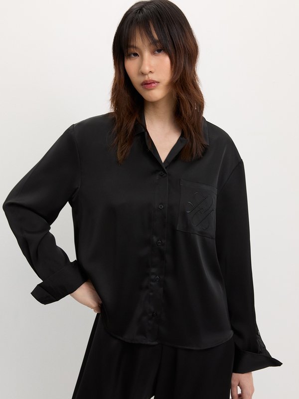 Pomelo Pomelo Embroidered Satin Shirt - Black