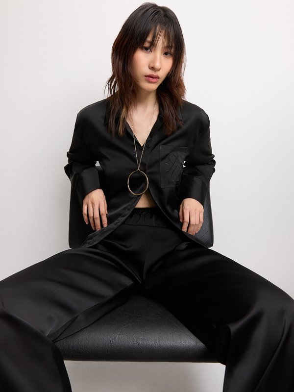 pomelo Pomelo Embroidered Satin Shirt - Black