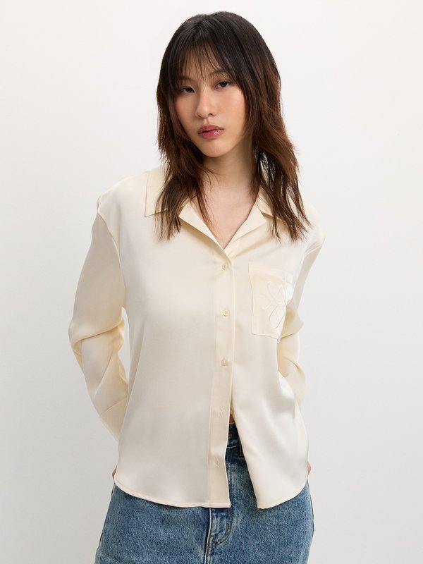 pomelo Pomelo Embroidered Satin Shirt - Cream