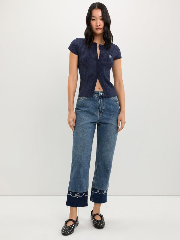 Pomelo Pomelo Embroidery Cuff Jeans - Blue