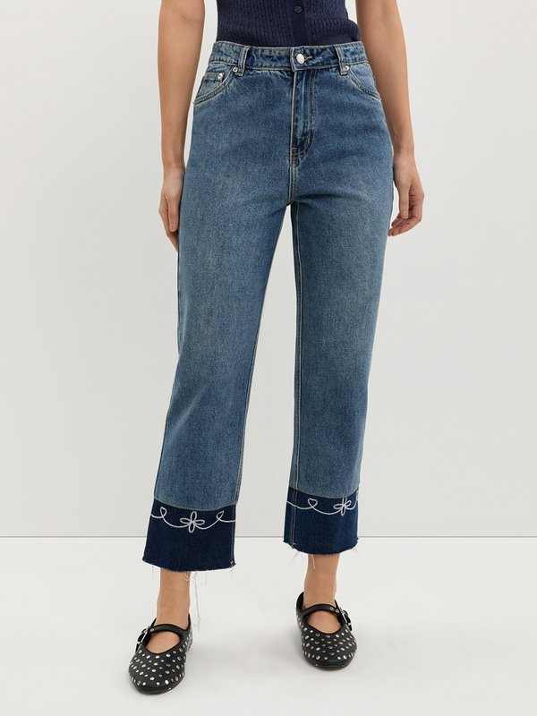 pomelo Pomelo Embroidery Cuff Jeans - Blue