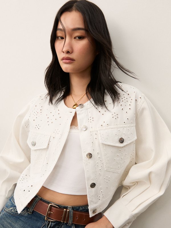 Pomelo Pomelo Eyelet Denim Jacket - White