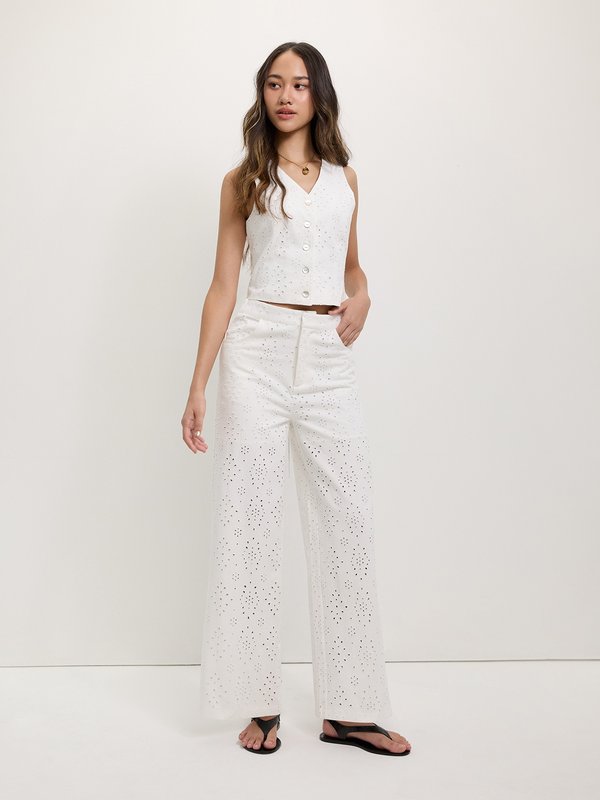Pomelo Pomelo Eyelet Wide Leg Pants - Ivory