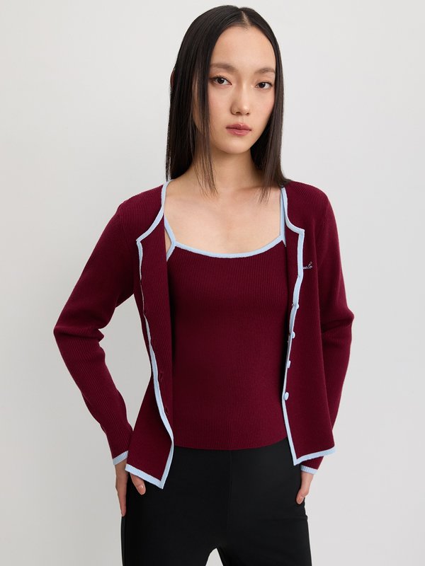 Pomelo Pomelo Faux Layer Knit Cardigan - Burgundy