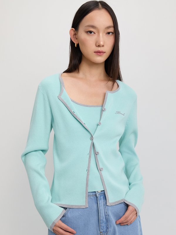 pomelo Pomelo Faux Layer Knit Cardigan - Turquoise