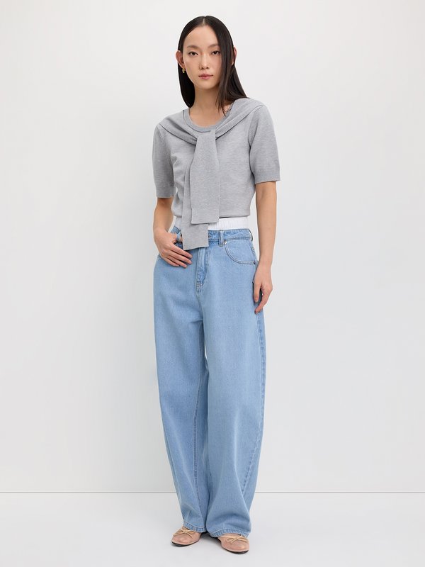 Pomelo Pomelo Faux-Layered Tie-Neck Top - Light Grey
