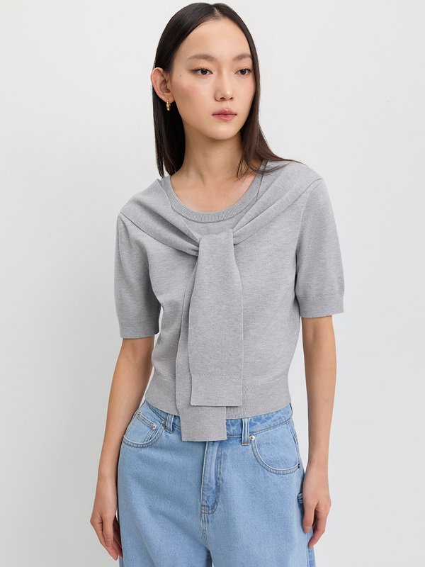 pomelo Pomelo Faux-Layered Tie-Neck Top - Light Grey