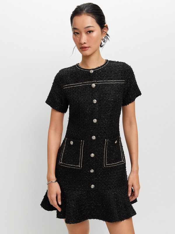 pomelo Pomelo Flared Tweed Dress - Black