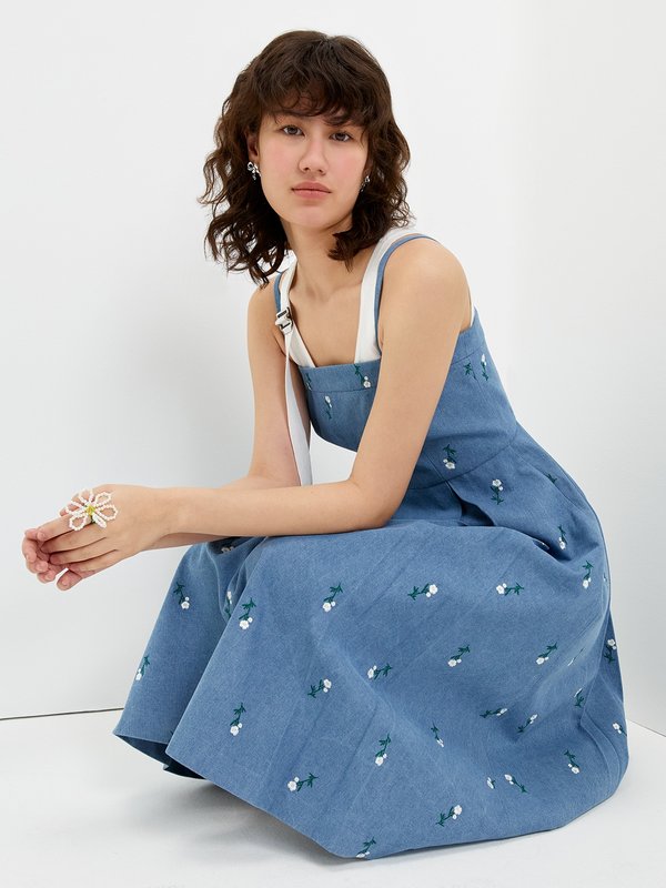 Pomelo Pomelo Floral Embroidery Dress - Blue