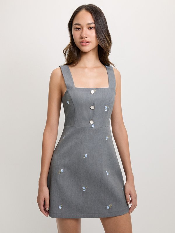 pomelo Pomelo Floral Embroidery Dress - Mid Grey