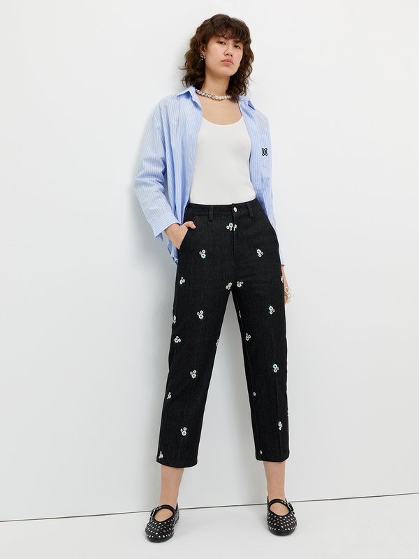 Pomelo Pomelo Floral Embroidery Jeans - Black