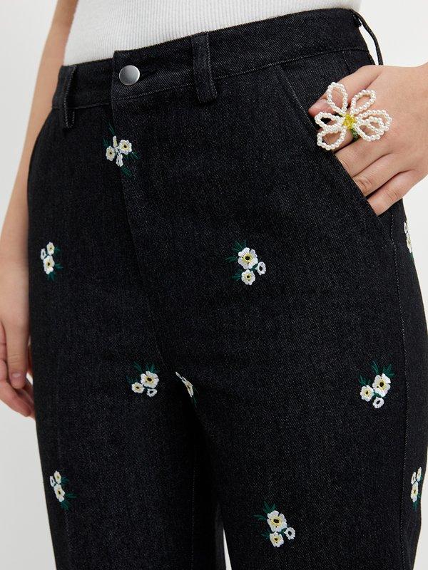 Pomelo Pomelo Floral Embroidery Jeans - Black