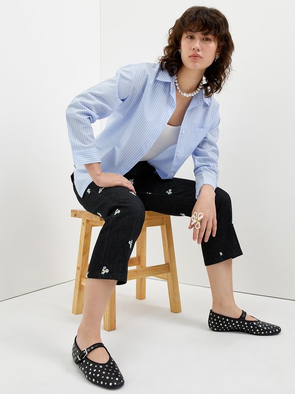 Pomelo Pomelo Floral Embroidery Jeans - Black