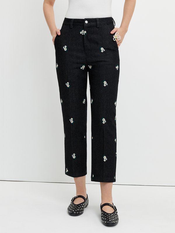 pomelo Pomelo Floral Embroidery Jeans - Black