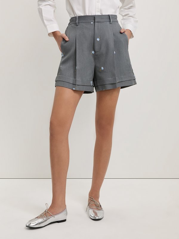 Pomelo Pomelo Floral Embroidery Shorts - Light Grey