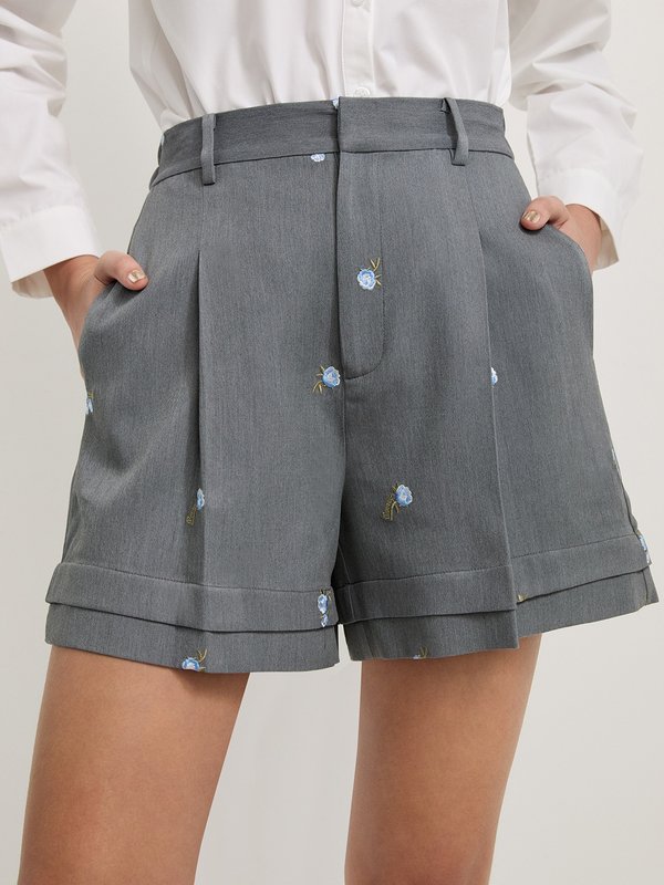 pomelo Pomelo Floral Embroidery Shorts - Light Grey