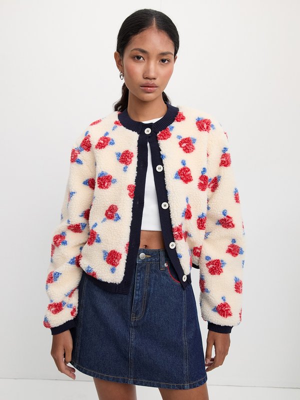 Pomelo Pomelo Floral Fleece Cardigan - Ivory