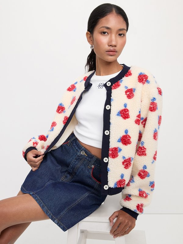 pomelo Pomelo Floral Fleece Cardigan - Ivory