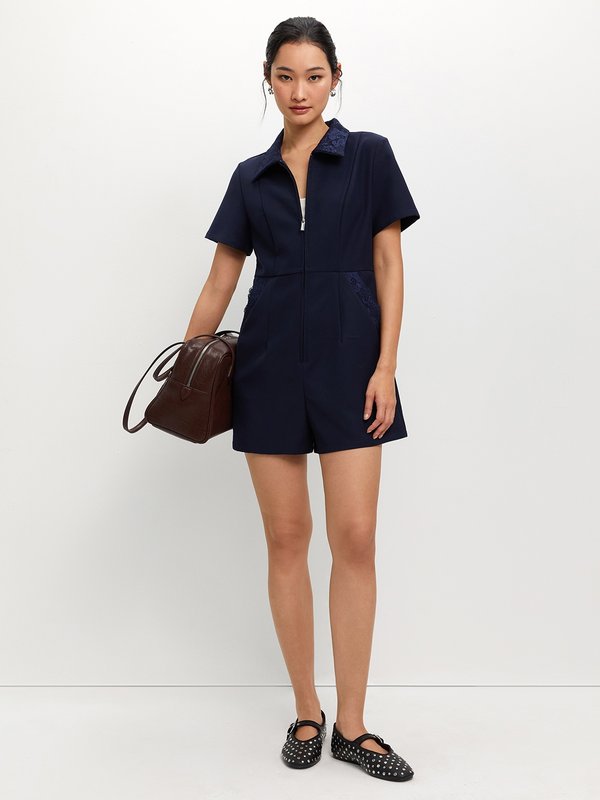 Pomelo Pomelo Floral Lace Trim Romper - Navy