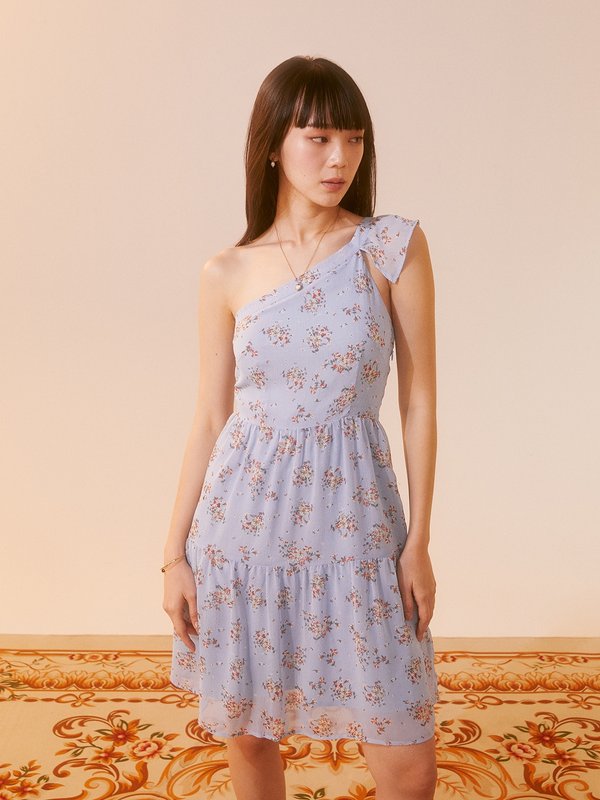 Pomelo Pomelo Floral One Shoulder Mini Dress - Blue