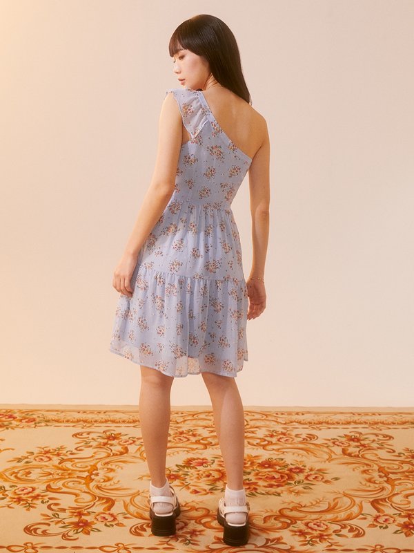 Pomelo Pomelo Floral One Shoulder Mini Dress - Blue
