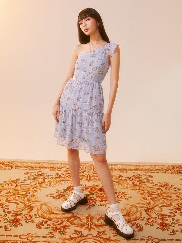 pomelo Pomelo Floral One Shoulder Mini Dress - Blue